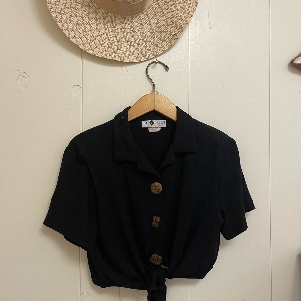 Solitaire black tie front crop Blouse with Wooden Accent buttons Art Deco